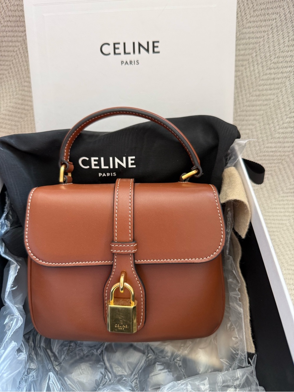 Celine Tan/Brown Top Handle Satchel with Gold Hardware